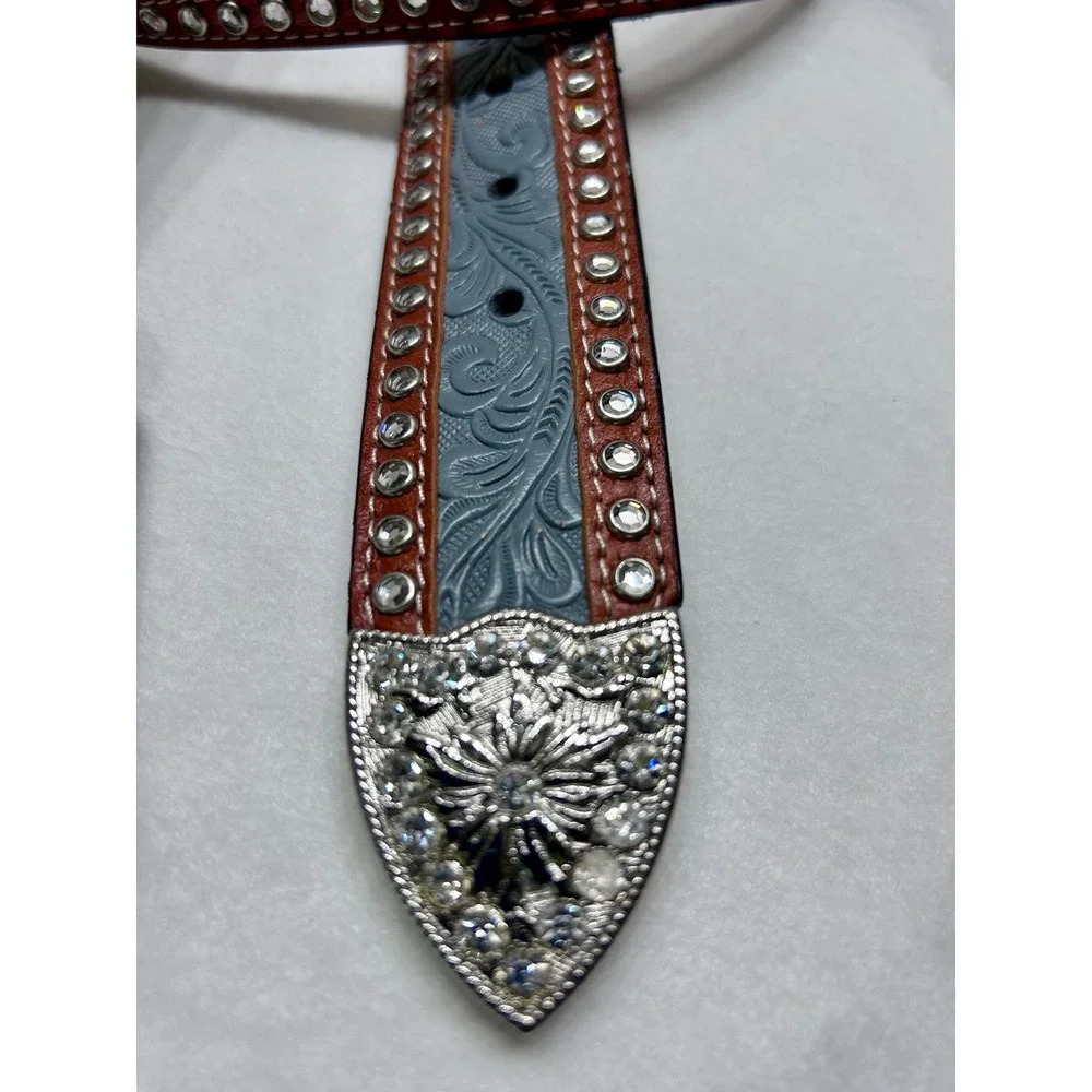 3-D Belt Womens Blue Tooled Leather Rhinestone Western Cowgirl Belt Size 32 647